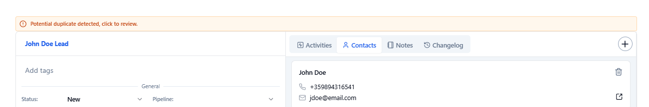Lead Duplicate Warning